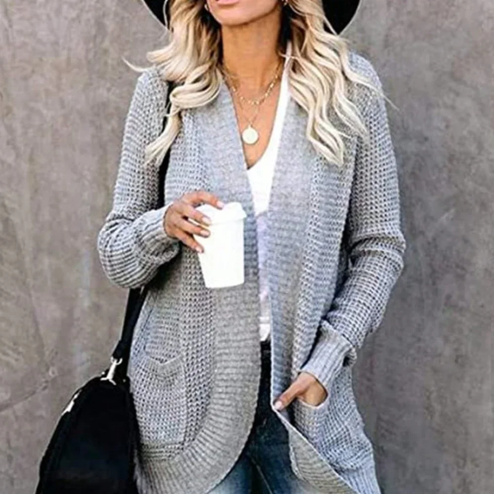 Grey Preppy Womens Dual Pocket Drop Shoulder Open Front Cardigan - Picture 4 of 5